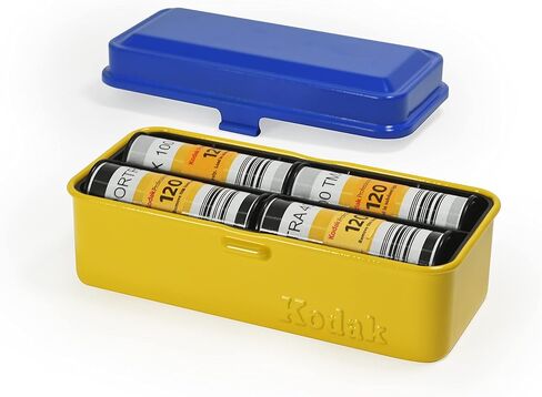 KODAK 120/135 Film Case - for 8 Rolls of 120 Films / 10 Rolls of 35mm Films - Retro Steel Case to Sort & Safeguard Film (Blue Top/Yellow Body) in Kuwait