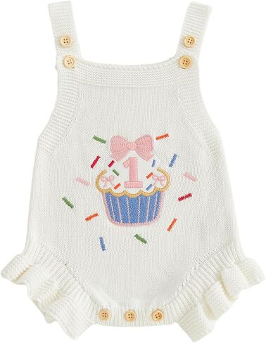 Baby Girl First Birthday Outfit 1 Cake Embroidery Sleeveless Knit Sweater Romper Knitted Ruffle Overalls Bodysuit in Kuwait