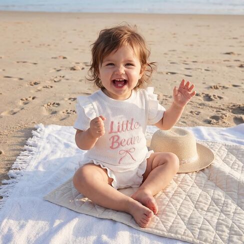 Little Bean Newborn Baby Girl Outfits Knitted Romper Summer Clothes | Waffle Knit Bow Ruffle Short Sleeve Romper Bodysuit Shirt in Kuwait