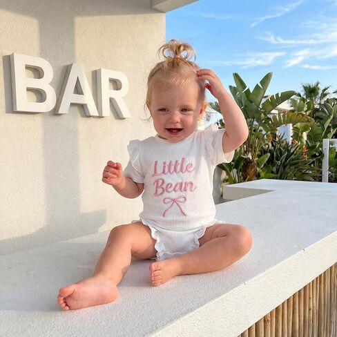 Little Bean Newborn Baby Girl Outfits Knitted Romper Summer Clothes | Waffle Knit Bow Ruffle Short Sleeve Romper Bodysuit Shirt in Kuwait