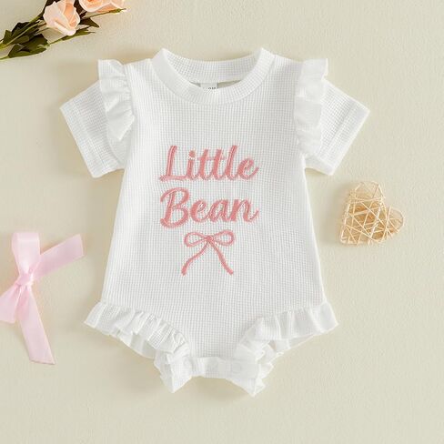 Little Bean Newborn Baby Girl Outfits Knitted Romper Summer Clothes | Waffle Knit Bow Ruffle Short Sleeve Romper Bodysuit Shirt in Kuwait