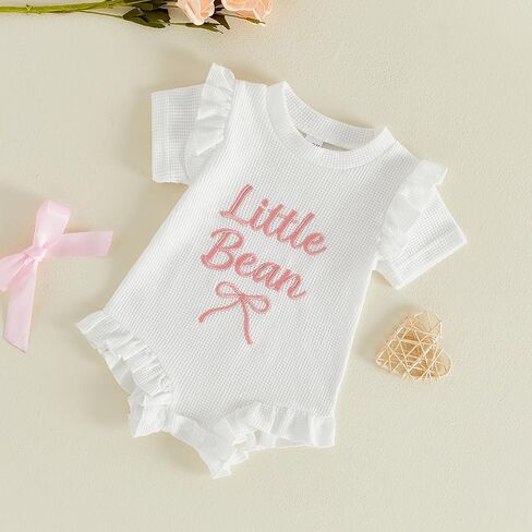 Little Bean Newborn Baby Girl Outfits Knitted Romper Summer Clothes | Waffle Knit Bow Ruffle Short Sleeve Romper Bodysuit Shirt in Kuwait