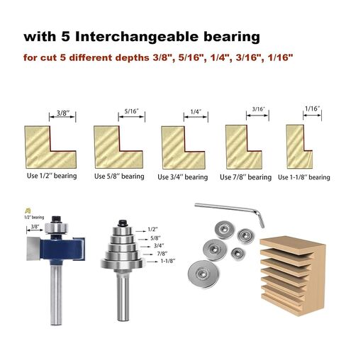 Rabbeting Router Bit Set 1/4 Inch Shank, 1/2" Cutting Height, Rabbet Router Bit with 5 Interchangeable Bearings, for Adjustable Multi Depths Cutter 3/8", 5/16", 1/4" , 3/16", 1/16" in Kuwait