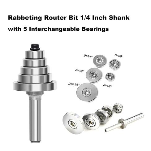 Rabbeting Router Bit Set 1/4 Inch Shank, 1/2" Cutting Height, Rabbet Router Bit with 5 Interchangeable Bearings, for Adjustable Multi Depths Cutter 3/8", 5/16", 1/4" , 3/16", 1/16" in Kuwait