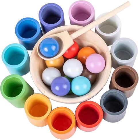 WOODENFUN Rainbow Balls in Cups Toddler Montessori Toys for 3 Year Old Up | Kids Preschool Wooden Matching Games for Learning Color Sorting and Counting in Kuwait