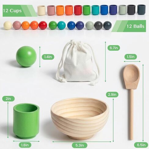 WOODENFUN Rainbow Balls in Cups Toddler Montessori Toys for 3 Year Old Up | Kids Preschool Wooden Matching Games for Learning Color Sorting and Counting in Kuwait