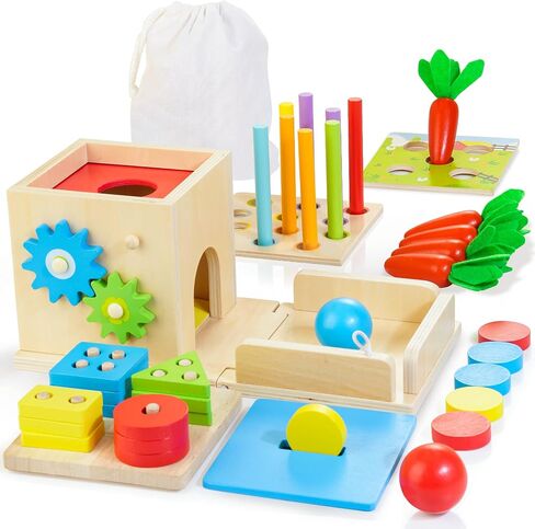 Kizfarm Wooden Montessori Baby Toys, 8-in-1 Wooden Play Kit Includes Object Permanent Box, Coin Box, Carrot Harvest, Shape Sorting & Stacking - Birthday Gift for Boys Girls Toddlers in Kuwait