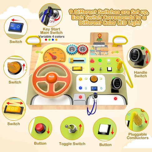 Montessori Wooden Busy Board, Toddler Sensory Travel Toy with Light Switch | Educational Learning Activity Toy, Fine Motor Skills Game for Kids, Gifts for Toddlers Age 3 4 5 6+ Years Old in Kuwait