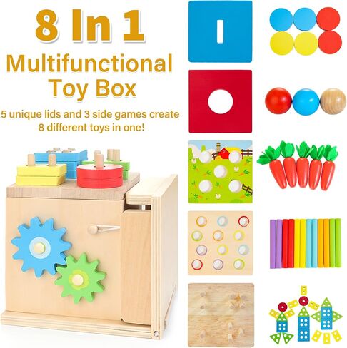 Kizfarm Wooden Montessori Baby Toys, 8-in-1 Wooden Play Kit Includes Object Permanent Box, Coin Box, Carrot Harvest, Shape Sorting & Stacking - Birthday Gift for Boys Girls Toddlers in Kuwait