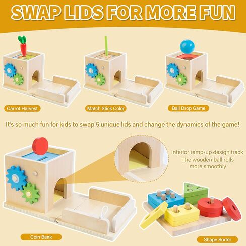 Kizfarm Wooden Montessori Baby Toys, 8-in-1 Wooden Play Kit Includes Object Permanent Box, Coin Box, Carrot Harvest, Shape Sorting & Stacking - Birthday Gift for Boys Girls Toddlers in Kuwait