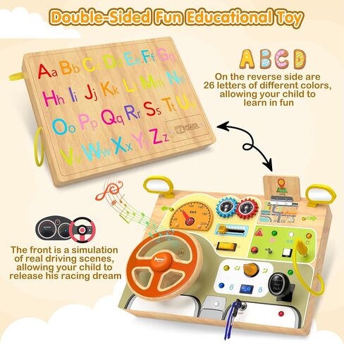 Montessori Wooden Busy Board, Toddler Sensory Travel Toy with Light Switch | Educational Learning Activity Toy, Fine Motor Skills Game for Kids, Gifts for Toddlers Age 3 4 5 6+ Years Old in Kuwait