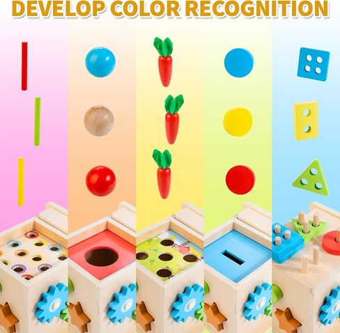 Kizfarm Wooden Montessori Baby Toys, 8-in-1 Wooden Play Kit Includes Object Permanent Box, Coin Box, Carrot Harvest, Shape Sorting & Stacking - Birthday Gift for Boys Girls Toddlers in Kuwait