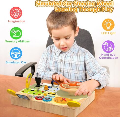 Montessori Wooden Busy Board, Toddler Sensory Travel Toy with Light Switch | Educational Learning Activity Toy, Fine Motor Skills Game for Kids, Gifts for Toddlers Age 3 4 5 6+ Years Old in Kuwait