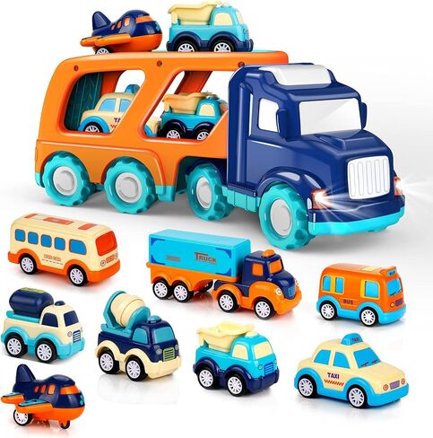 9 Pack Cars Toys for 2 3 4 5 Years Old Toddlers Boys and Girls Gift, Big Transport Truck with 8 Small Cute Pull Back Trucks, Colorful Assorted Vehicles Playset, Carrier Truck with Sound and Light in Kuwait