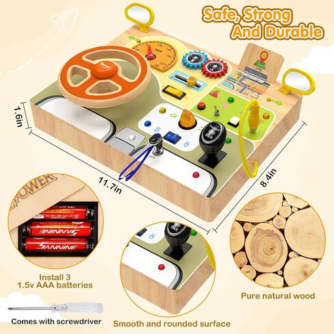Montessori Wooden Busy Board, Toddler Sensory Travel Toy with Light Switch | Educational Learning Activity Toy, Fine Motor Skills Game for Kids, Gifts for Toddlers Age 3 4 5 6+ Years Old in Kuwait