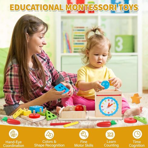 Kizfarm Wooden Montessori Baby Toys, 8-in-1 Wooden Play Kit Includes Object Permanent Box, Coin Box, Carrot Harvest, Shape Sorting & Stacking - Birthday Gift for Boys Girls Toddlers in Kuwait