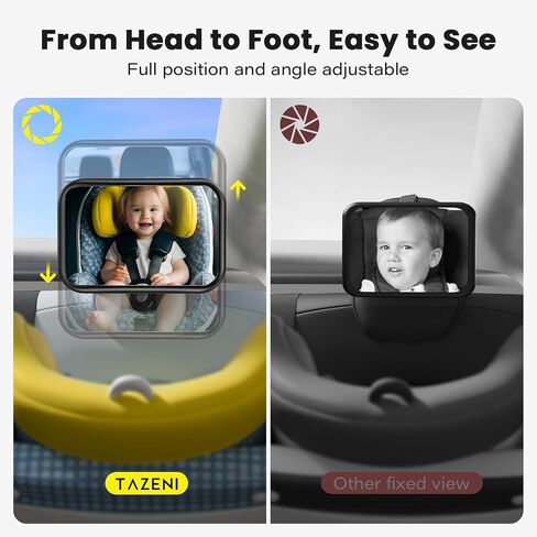 TAZENI Baby Car Mirror Rear Facing for Fixed Headrest, Fits Tesla | Fits Tesla and Other Vehicles, 360° Wide Clear View, Shatterproof Mirror, Stable Velcro Strap, Crash-Tested Safety Design in Kuwait