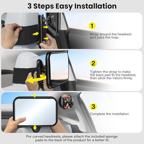 TAZENI Baby Car Mirror Rear Facing for Fixed Headrest, Fits Tesla | Fits Tesla and Other Vehicles, 360° Wide Clear View, Shatterproof Mirror, Stable Velcro Strap, Crash-Tested Safety Design in Kuwait