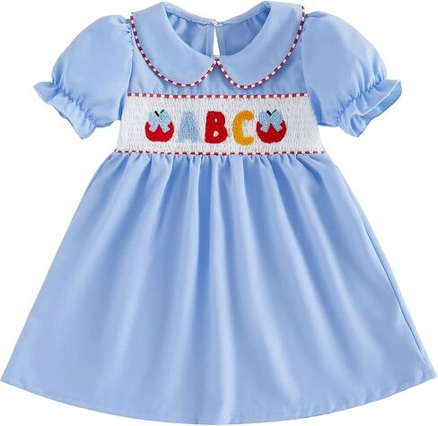 Toddler Girl Back to School Outfit Doll Collar Short Sleeve Dress | Baby Girl First Day of School Outfit, Apple/Pencil Embroidery, Puffle Sleeve Smocked Dress, Pre-K Clothes, Summer Dresses in Kuwait