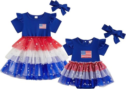 Kid Toddler Girl 4th of July Clothes American Flag Romper Dress/Tutu Dresses Glitter Lace Sister Matching Outfit in Kuwait