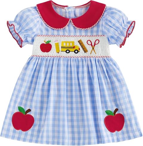 Back to School Toddler Girl Smocked Dress Apple Gingham Princess Sundress Pre K Kindergarten 1st Day of School Photo in Kuwait