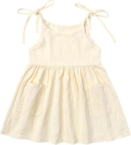 HAOLUKI Toddler Baby Girl Summer Cotton Linen White Dresses Bow Straps Sleeveless with Pockets Casual Sundress in Kuwait