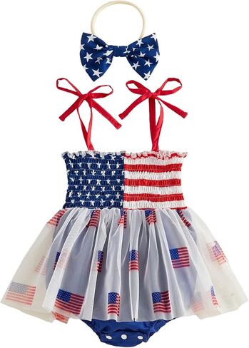 MERSARIPHY Baby Girl 4th Of July Outfits My First Fourth Of July Usa Smocked Tulle Romper Dress American Flag Clothes in Kuwait