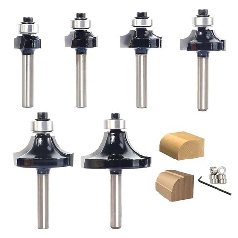 6PCS Roundover Router Bit Set with 6 Extra 3/8" Guide Bearings, 1/4" Shank Carbide Edge Forming Bits, 2-in-1 Roundover & Beading Profiles for Rounding Edge Trimming in Kuwait