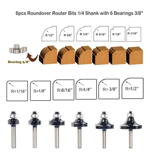 6PCS Roundover Router Bit Set with 6 Extra 3/8" Guide Bearings, 1/4" Shank Carbide Edge Forming Bits, 2-in-1 Roundover & Beading Profiles for Rounding Edge Trimming in Kuwait