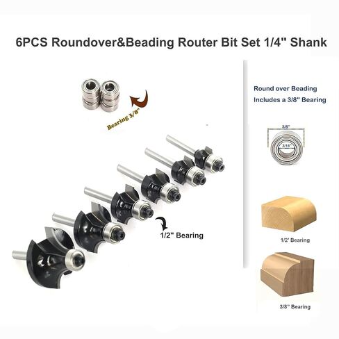 6PCS Roundover Router Bit Set with 6 Extra 3/8" Guide Bearings, 1/4" Shank Carbide Edge Forming Bits, 2-in-1 Roundover & Beading Profiles for Rounding Edge Trimming in Kuwait