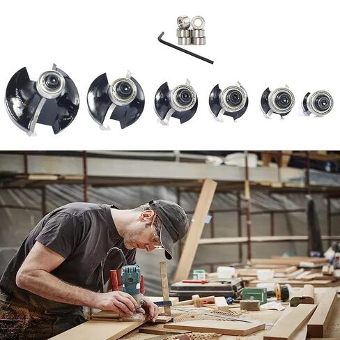 6PCS Roundover Router Bit Set with 6 Extra 3/8" Guide Bearings, 1/4" Shank Carbide Edge Forming Bits, 2-in-1 Roundover & Beading Profiles for Rounding Edge Trimming in Kuwait