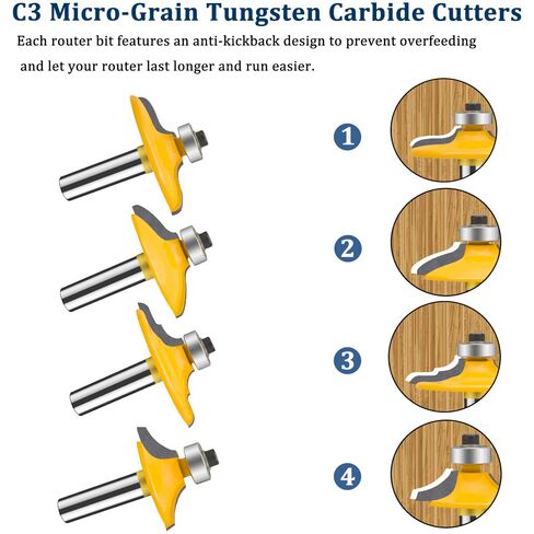 TAIWAIN Router Bit Set 4PCS 1/4 Inch Shank Door&Drawer Front Edging Bits, Miter Frame Crown Molding Wood Milling Cutter Router, Woodworking Miter Carbide CNC Cutting Tool for Woodwork(F-1-4MG) in Kuwait