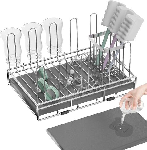 Baby Bottle Drying Rack Organizer Stainless Steel | Large Countertop Glass Water Bottle with Diatomite Stone Quick Dry and Brush Holder in Kuwait