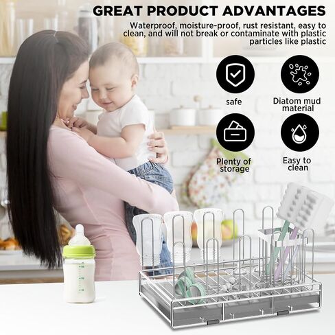 Baby Bottle Drying Rack Organizer Stainless Steel | Large Countertop Glass Water Bottle with Diatomite Stone Quick Dry and Brush Holder in Kuwait
