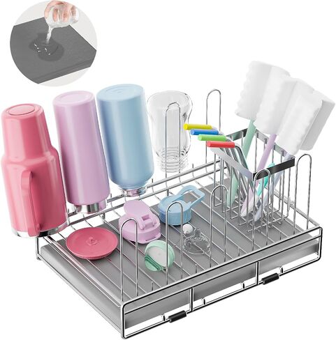 Baby Bottle Drying Rack Organizer Stainless Steel | Large Countertop Glass Water Bottle with Diatomite Stone Quick Dry and Brush Holder in Kuwait