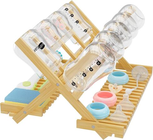 Baby Bottle Drying Rack Foldable Vertical Bamboo Organizer | Milk Bottle and Accessories Organizer for Busy Parents, Maximizes Space, Quick Drying, Easy Cleanup & Storage in Kuwait