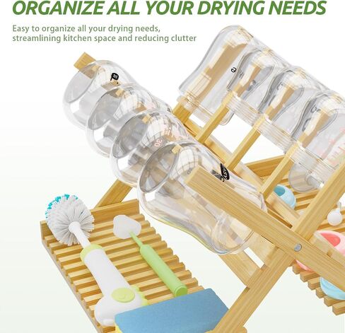 Baby Bottle Drying Rack Foldable Vertical Bamboo Organizer | Milk Bottle and Accessories Organizer for Busy Parents, Maximizes Space, Quick Drying, Easy Cleanup & Storage in Kuwait