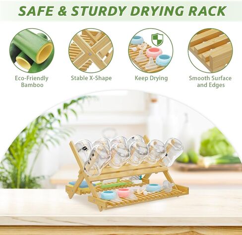Baby Bottle Drying Rack Foldable Vertical Bamboo Organizer | Milk Bottle and Accessories Organizer for Busy Parents, Maximizes Space, Quick Drying, Easy Cleanup & Storage in Kuwait
