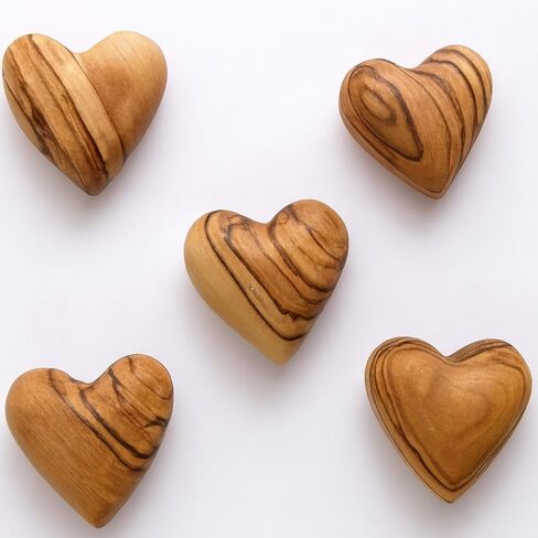Zuluf Set of 5 Mini Olive Wood Hearts 1.25" Very Small Hand Carved Wooden Fidget Heart Keepsake Wedding Guest Book Favor Valentine Day Gift Pocket Hug Sympathy Memorial Craft Decor Made in Bethlehem in Kuwait