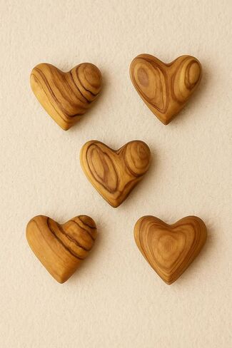 Zuluf Set of 5 Mini Olive Wood Hearts 1.25" Very Small Hand Carved Wooden Fidget Heart Keepsake Wedding Guest Book Favor Valentine Day Gift Pocket Hug Sympathy Memorial Craft Decor Made in Bethlehem in Kuwait
