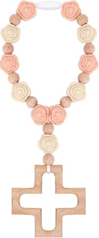 Silicone Cross Baptism Bracelet for Women Baptism & Confirmation Gift | Rosary Bracelet with Wooden Crosses and Silicone Roses or Squares, Religious Keepsake Jewelry （Pink & Green） in Kuwait