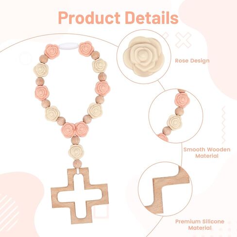 Silicone Cross Baptism Bracelet for Women Baptism & Confirmation Gift | Rosary Bracelet with Wooden Crosses and Silicone Roses or Squares, Religious Keepsake Jewelry （Pink & Green） in Kuwait