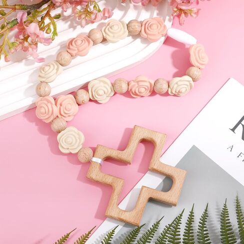 Silicone Cross Baptism Bracelet for Women Baptism & Confirmation Gift | Rosary Bracelet with Wooden Crosses and Silicone Roses or Squares, Religious Keepsake Jewelry （Pink & Green） in Kuwait