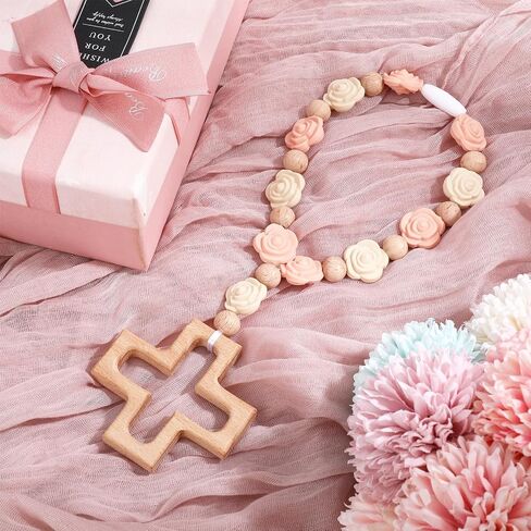 Silicone Cross Baptism Bracelet for Women Baptism & Confirmation Gift | Rosary Bracelet with Wooden Crosses and Silicone Roses or Squares, Religious Keepsake Jewelry （Pink & Green） in Kuwait