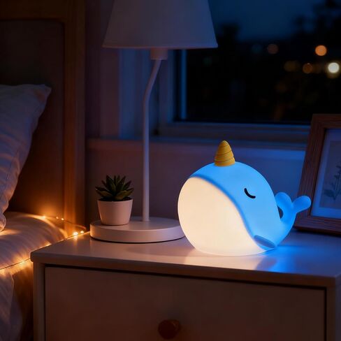 لطيف مصباح ضوء الليل Narwhal، 7 ألوان ضوء LED اسفنجي قابل للمس، USB قابلة للشحن سيليكون حضانة الحوت مصباح الليل لديكور الغرفة هدية عيد ميلاد للطفل النساء البالغات in Kuwait