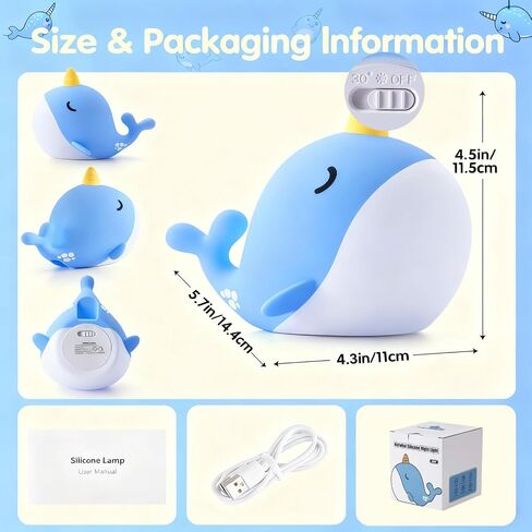 لطيف مصباح ضوء الليل Narwhal، 7 ألوان ضوء LED اسفنجي قابل للمس، USB قابلة للشحن سيليكون حضانة الحوت مصباح الليل لديكور الغرفة هدية عيد ميلاد للطفل النساء البالغات in Kuwait