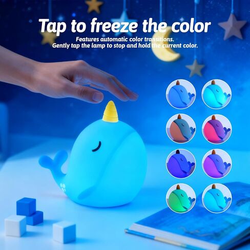 لطيف مصباح ضوء الليل Narwhal، 7 ألوان ضوء LED اسفنجي قابل للمس، USB قابلة للشحن سيليكون حضانة الحوت مصباح الليل لديكور الغرفة هدية عيد ميلاد للطفل النساء البالغات in Kuwait