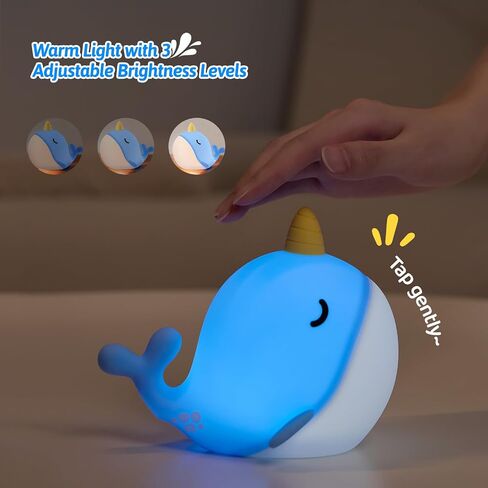 لطيف مصباح ضوء الليل Narwhal، 7 ألوان ضوء LED اسفنجي قابل للمس، USB قابلة للشحن سيليكون حضانة الحوت مصباح الليل لديكور الغرفة هدية عيد ميلاد للطفل النساء البالغات in Kuwait