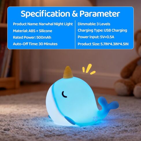 لطيف مصباح ضوء الليل Narwhal، 7 ألوان ضوء LED اسفنجي قابل للمس، USB قابلة للشحن سيليكون حضانة الحوت مصباح الليل لديكور الغرفة هدية عيد ميلاد للطفل النساء البالغات in Kuwait