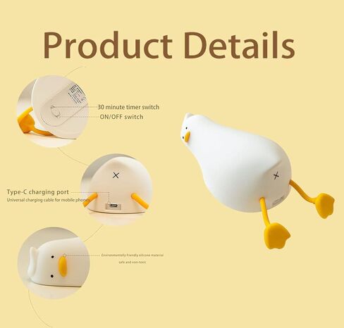 LED Lying Flat Duck Night Light, Rechargeable Touch Control Bedside Lamp with 3 Dimmable Brightness Levels, 30-Minute Timer, Soft Silicone Baby Nursery Light in Kuwait